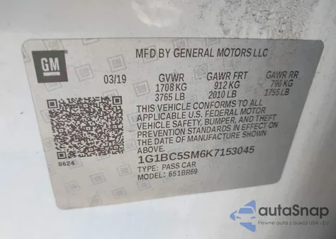 2019 Chevrolet Cruze Ls из США, поврежденный, VIN 1G1BC5SM6K7153045